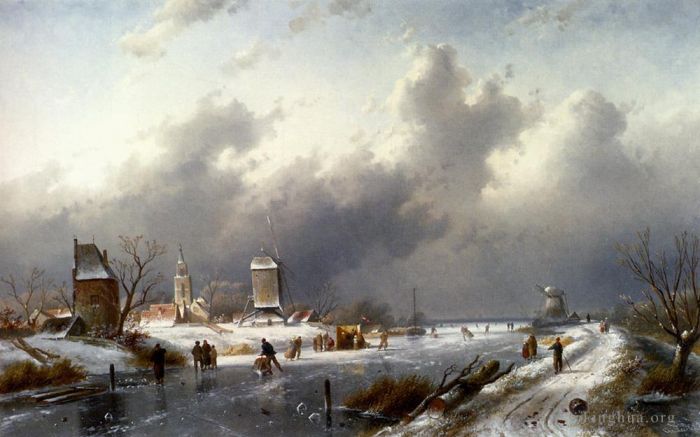 Charles Leickert Oil Painting - A Frozen Winter Landscape With Skaters