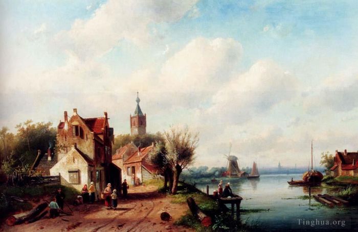 Charles Leickert Oil Painting - A Village Along A River A Town In The Distance