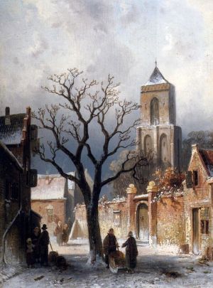 Antique Oil Painting - A Village Snow Scene