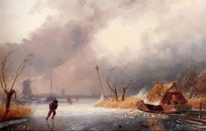 Charles Leickert Oil Painting - A Winter Landscape With Skaters On A Frozen Waterway