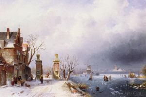 Artist Charles Leickert's Work - Belgian 181to 1907A Sunlit Winter Lansca