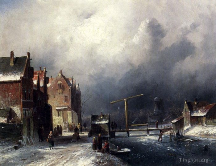 Charles Leickert Oil Painting - Figures In A Dutch Town By A Frozen Canal