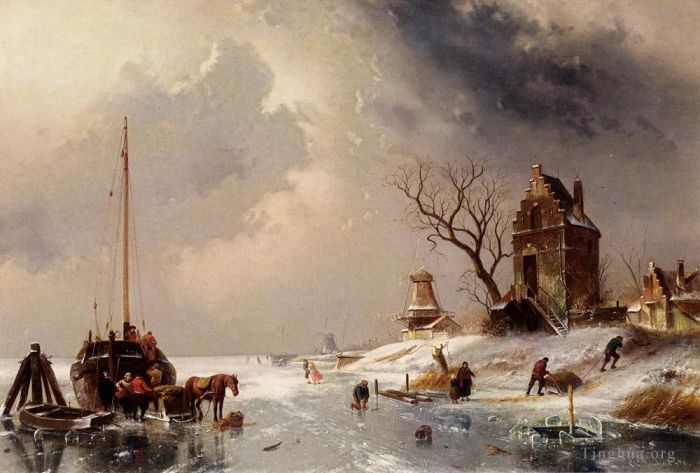 Charles Leickert Oil Painting - Figures Loading A Horse Drawn Cart On The Ice
