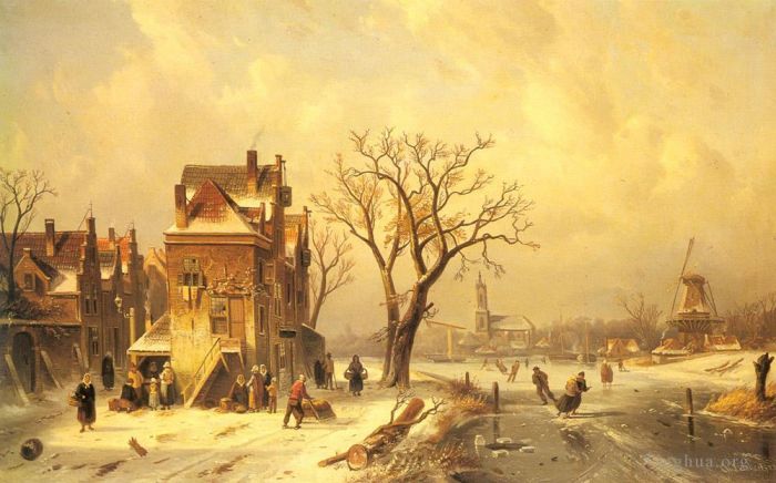 Charles Leickert Oil Painting - Skaters In A Frozen Winter Landscape