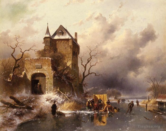 Charles Leickert Oil Painting - Skaters On A Frozen Lake By The Ruins Of A Castle