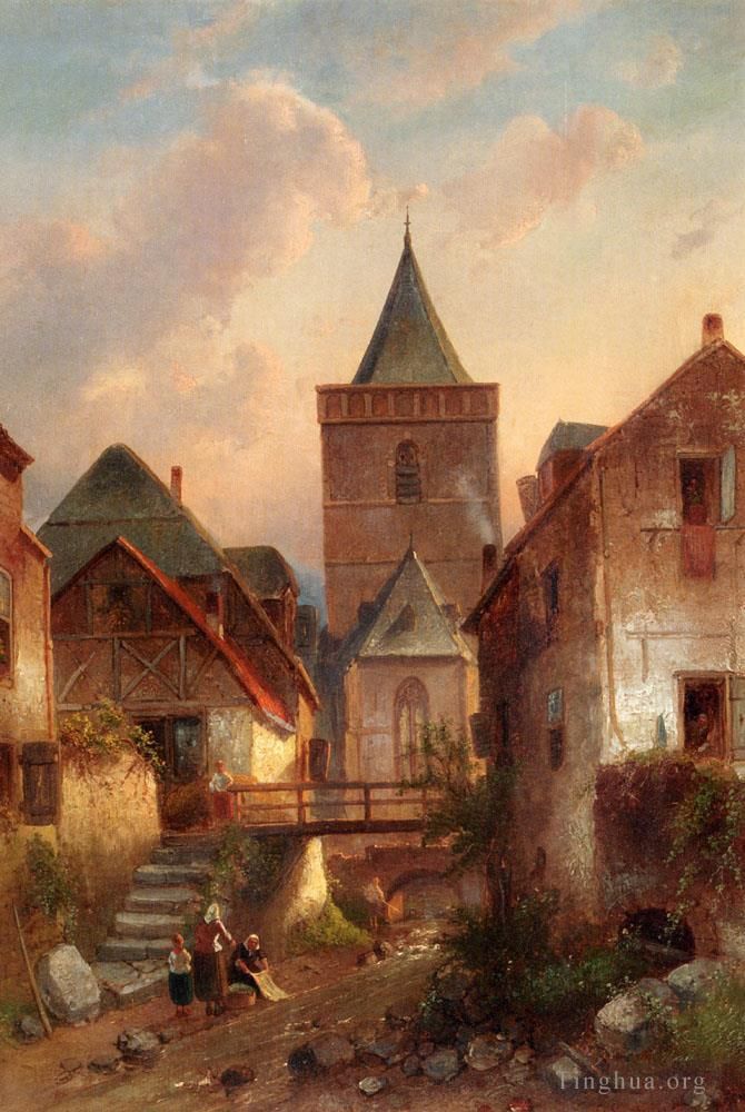 Charles Leickert Oil Painting - View In A German Village With Washerwomen