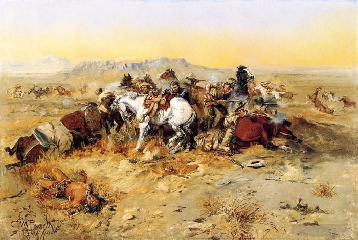 Charles Marion Russell Oil Painting - A Desperate Stand cowboy