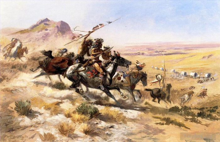 Charles Marion Russell Oil Painting - Attack on a Wagon Train