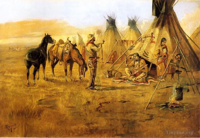 Charles Marion Russell Oil Painting - Cowboy Bargaining for an Indian Girl cowboy