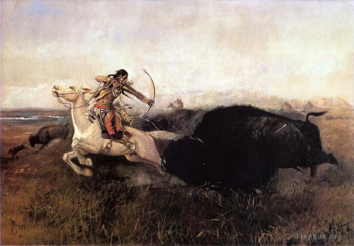 Charles Marion Russell Oil Painting - Indians Hunting Buffalo