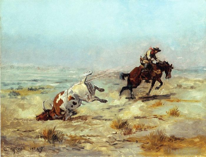 Charles Marion Russell Oil Painting - Lassoing a Steer