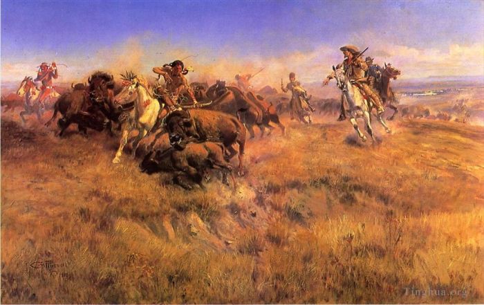 Charles Marion Russell Oil Painting - Running Buffalo cowboy