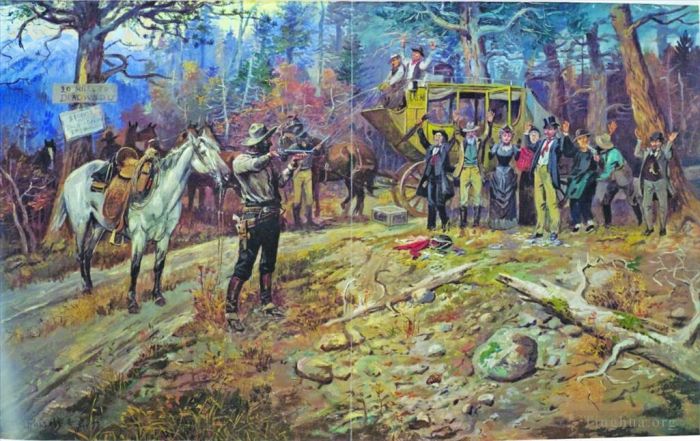 Charles Marion Russell Oil Painting - The hold up 20 miles to deadwood