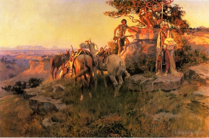 Charles Marion Russell Oil Painting - Watching for Wagons