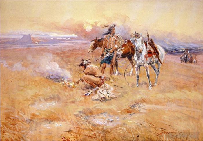 Charles Marion Russell Various Paintings - Blackfeet Burning Crow Buffalo Range