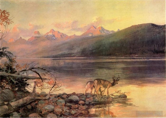 Charles Marion Russell Various Paintings - Deer at Lake McDonald landscape