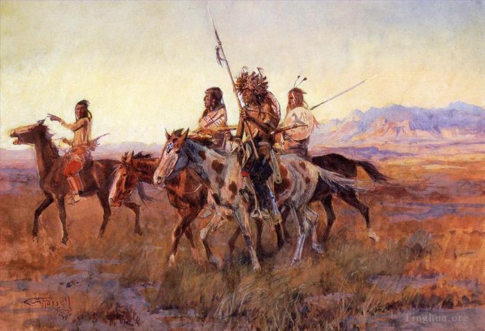 Charles Marion Russell Various Paintings - Four Mounted Indians 1914