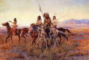Artist Charles Marion Russell's Work - Four Mounted Indians 1914