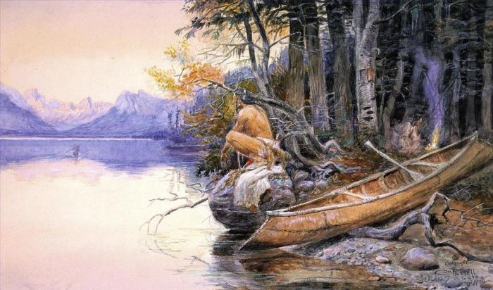 Charles Marion Russell Various Paintings - Indian Camp Lake McDonald