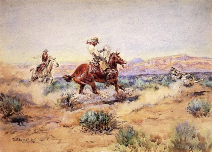 Charles Marion Russell Various Paintings - Roping a Wolf