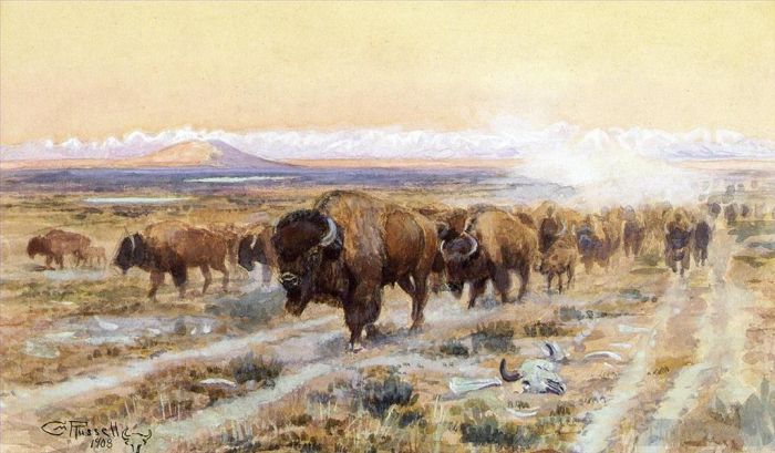 Charles Marion Russell Various Paintings - The Bison Trail cattles