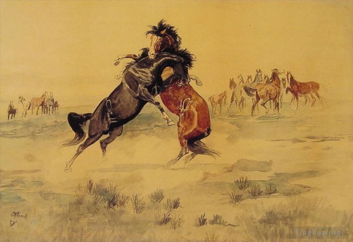 Charles Marion Russell Various Paintings - The Challenge horse