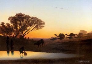 Antique Oil Painting - Sunset On The Nile scenery Charles Theodore Frere