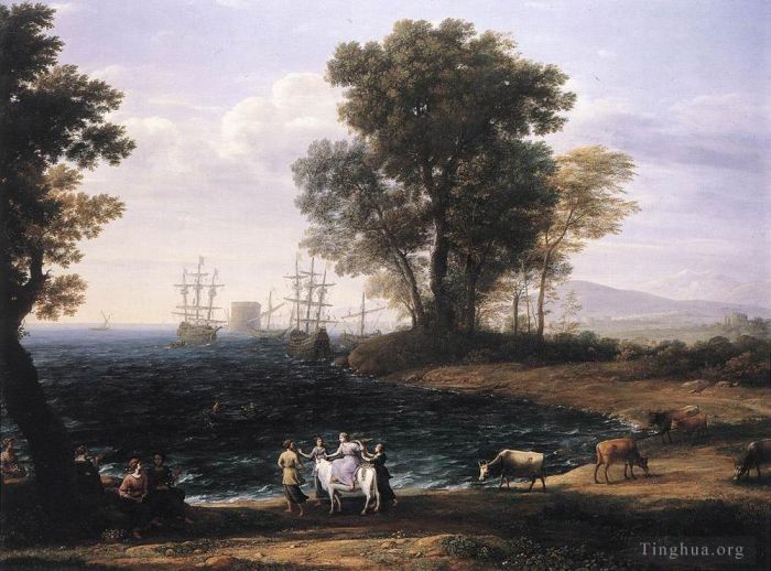Claude Lorrain Oil Painting - Coast Scene with the Rape of Europa