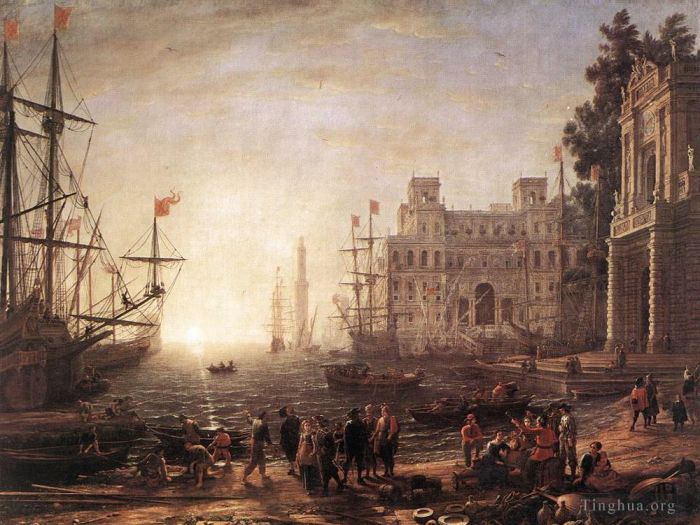 Claude Lorrain Oil Painting - Port Scene with the Villa Medici