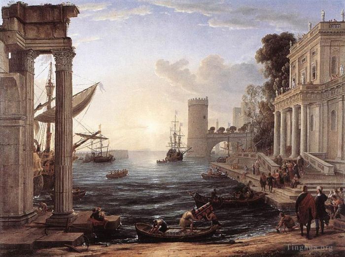 Claude Lorrain Oil Painting - Seaport with the Embarkation of the Queen of Sheba