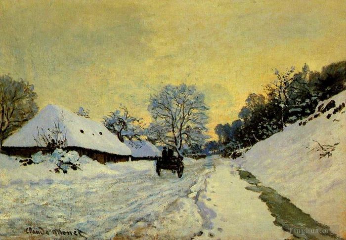 Claude Monet Oil Painting - A Cart on the Snow Covered Road with SaintSimeon Farm