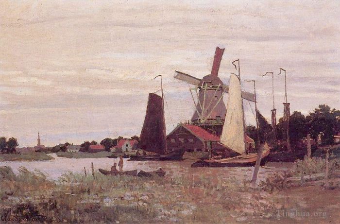 Claude Monet Oil Painting - A Windmill at Zaandam
