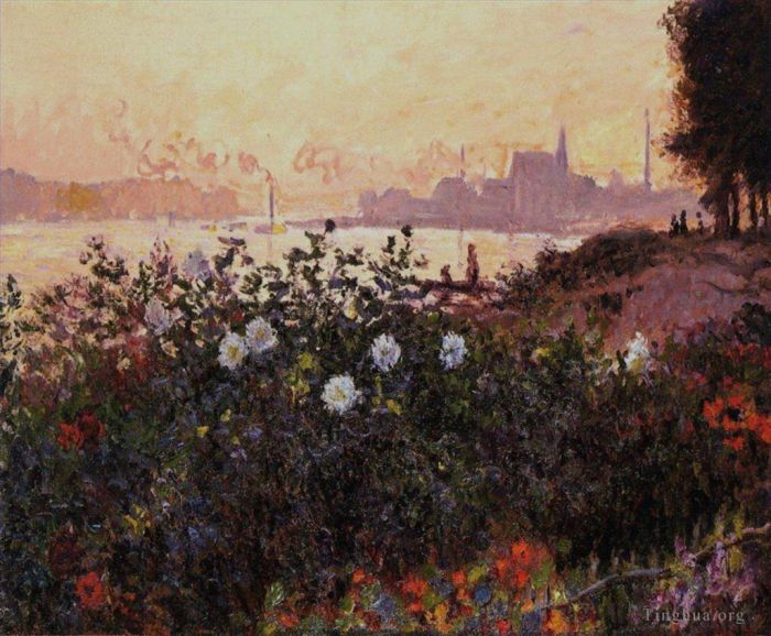 Claude Monet Oil Painting - Argenteuil Flowers by the Riverbank