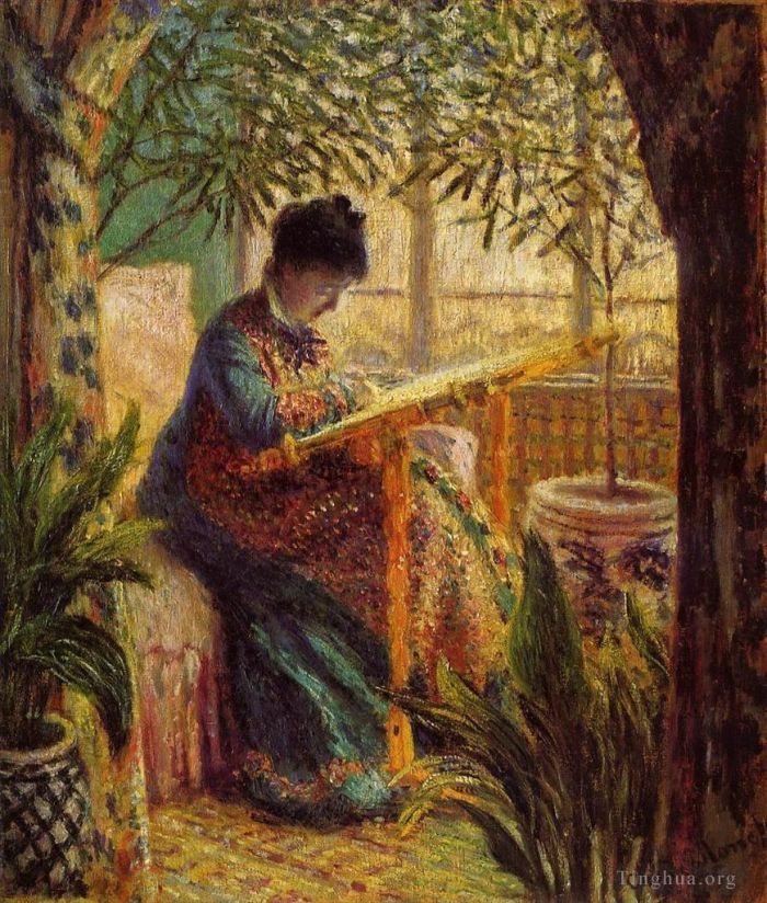 Claude Monet Oil Painting - Camille Embroidering
