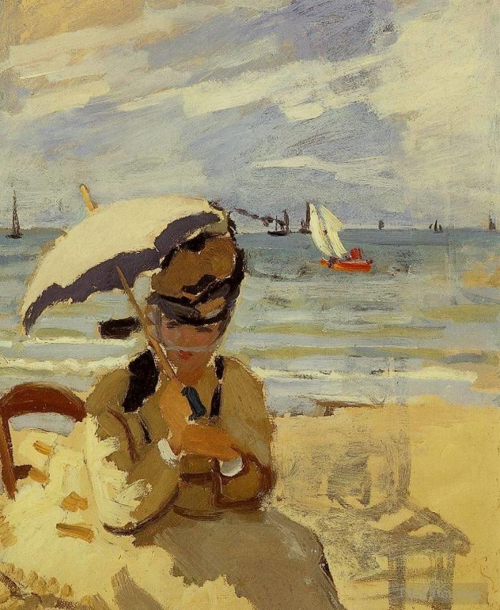 Claude Monet Oil Painting - Camille Sitting on the Beach at Trouville