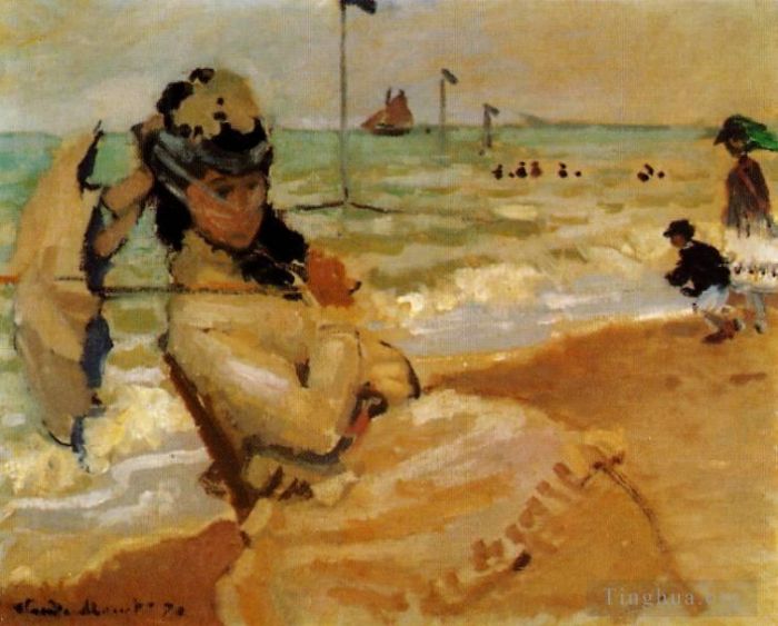 Claude Monet Oil Painting - Camille on the Beach at Trouville