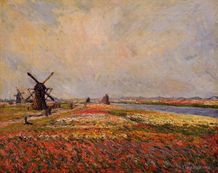 Claude Monet Oil Painting - Fields of Flowers and Windmills near Leiden