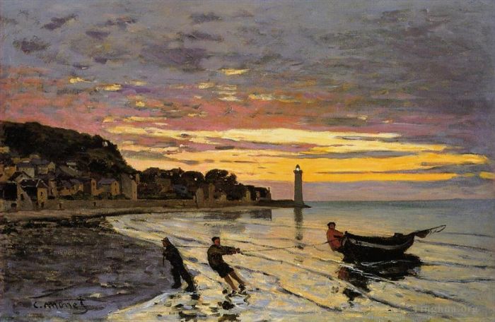 Claude Monet Oil Painting - Hauling a Boat Ashore Honfleur