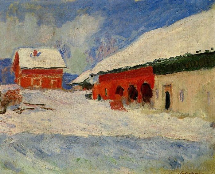 Claude Monet Oil Painting - Red Houses at Bjornegaard in the Snow Norway