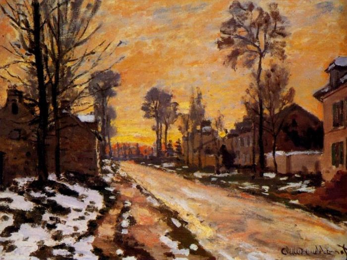 Claude Monet Oil Painting - Road at Louveciennes Melting Snow Sunset