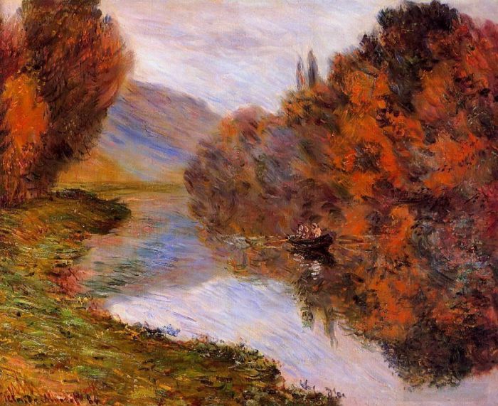 Claude Monet Oil Painting - Rowboat on the Seine at Jeufosse