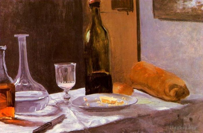 Claude Monet Oil Painting - Still Life with Bottle Carafe Bread and Wine