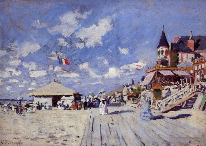 Claude Monet Oil Painting - The Boardwalk on the Beach at Trouville