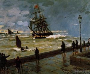 Artist Claude Monet's Work - The Jetty of Le Havre in Rough Westher II