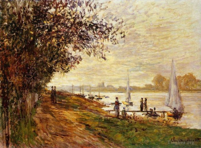 Claude Monet Oil Painting - The Riverbank at Le Petit Gennevilliers Sunset