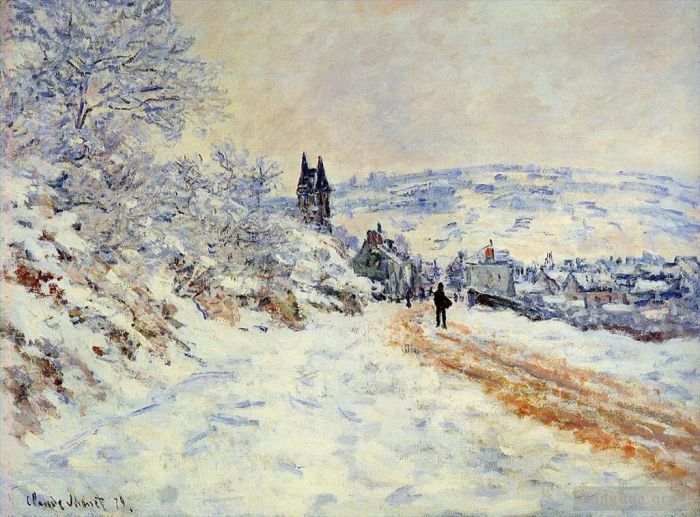 Claude Monet Oil Painting - The Road to Vetheuil Snow Effect