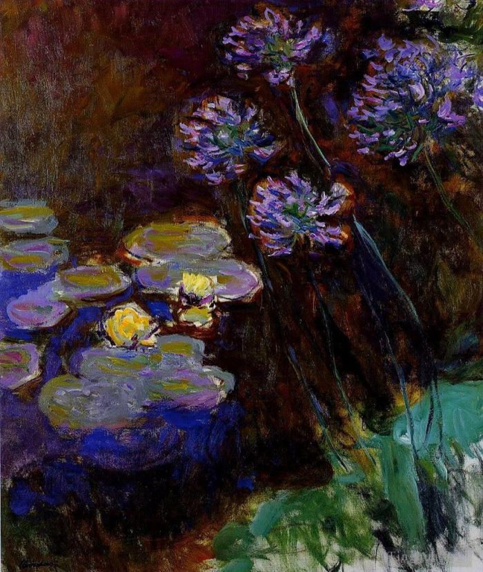 Claude Monet Oil Painting - Water Lilies and Agapanthus