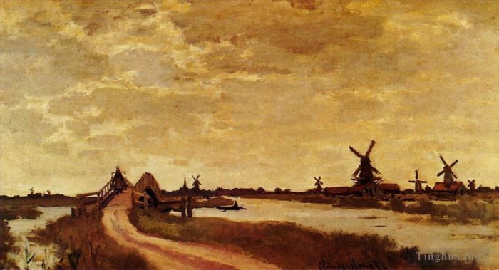 Claude Monet Oil Painting - Windmills at Haaldersbroek Zaandam