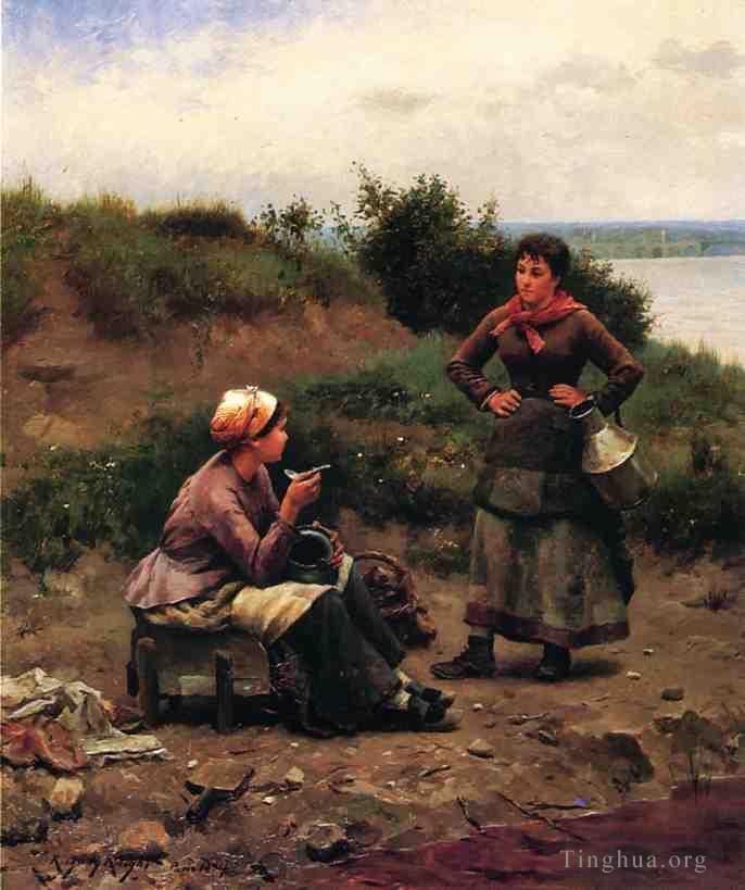 Daniel Ridgway Knight Oil Painting - A Discussion Between Two Young Ladies