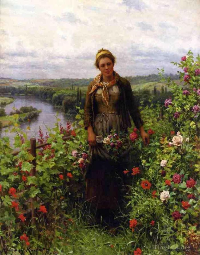 Daniel Ridgway Knight Oil Painting - A Maid in Her Garden